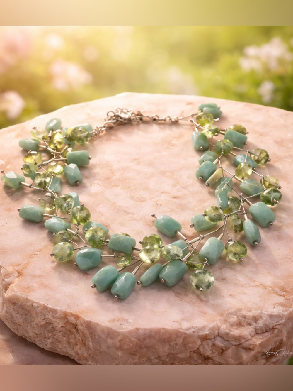 Handmade Genuine Aventurine Stone “Fringe” Statement Necklace 14” - Picture 2 of 5